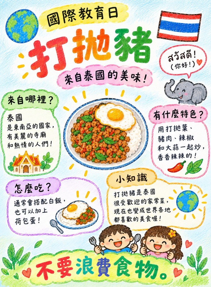 Week 7 illustrated Thai food learning card showing Thai basil pork with rice and a fried egg, the Thai flag and an elephant