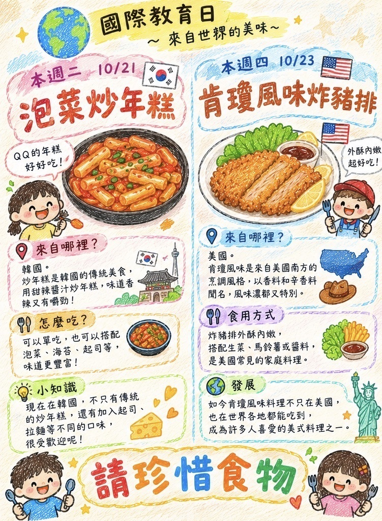 Week 8 illustrated International Education Day learning card introducing Korean kimchi stir-fried rice cakes and an American Cajun-style fried pork chop, with notes on where each dish comes from and how it is eaten